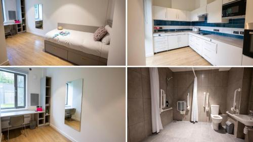 3 fotos de una cocina y un baño en University of Galway Apartments, en Galway