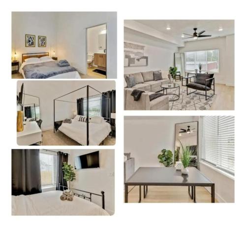 a collage of photos of a bedroom and a living room at 3 Min to DT - 2 Car Garage - Lux Townhome - King Bed in Salt Lake City