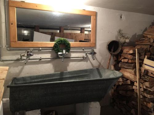 a green sink in a room with a mirror at Evelyn's Hütte in Schwarzenberg im Bregenzerwald