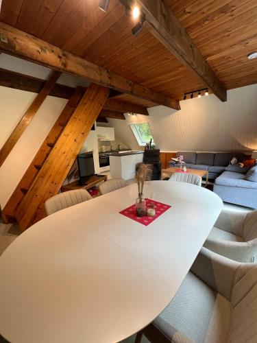 a large white table in a room with chairs at Twistesee Ferienhaus 42 in Wetterburg