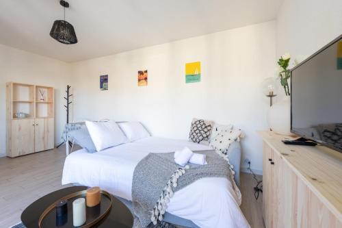 アンデルノ・レ・バンにあるStudio Les Vacances a Andernosのベッド2台と薄型テレビ付きのベッドルーム