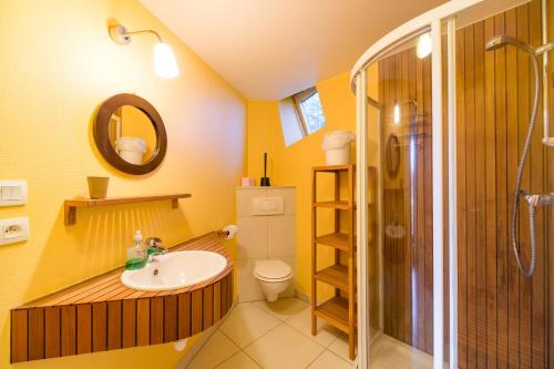 a bathroom with a sink and a shower at Gîte Du Kiwi in Luttenbach-près-Munster