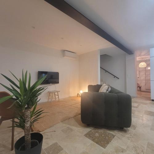 ein Wohnzimmer mit einer Couch und einer Topfpflanze in der Unterkunft Villa Marina, 3 bedrooms, Sea and beach in La Ciotat