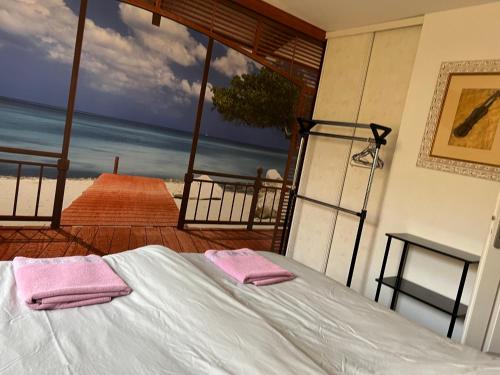 シャントネーにあるChambre chez l'habitantのピンクのタオルが2枚敷かれたベッドのある寝室