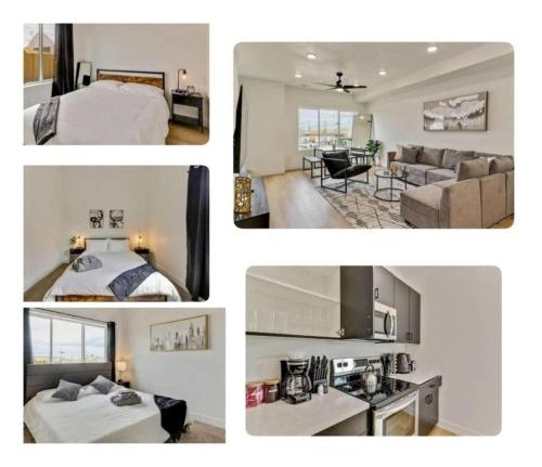 a collage of four pictures of a hotel room at 3 Min to DT - 2 Car Garage - Lux Townhome - King Bed in Salt Lake City