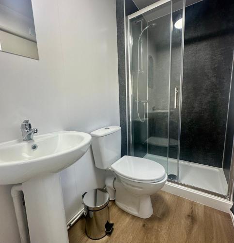 a bathroom with a sink and a toilet and a shower at Amazing Sunsets and Sea Views - Lodge Cabin Farm Stay - Caol Ila - Lodge 8 in Stranraer