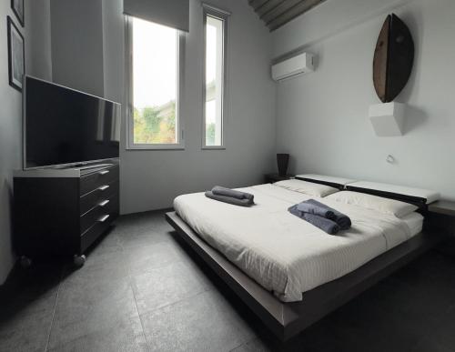 a bedroom with a large bed and a television at Spazio82 in Nizza Monferrato