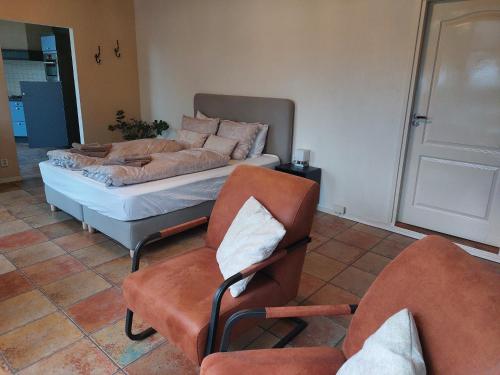 AkkrumにあるLuxe gastenverblijf met wellness in het hart van Frieslandのリビングルーム(ベッド1台、椅子2脚付)