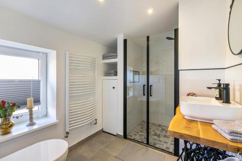 a bathroom with a sink and a shower at Ferienwohnung an der Schlei oben in Fleckeby