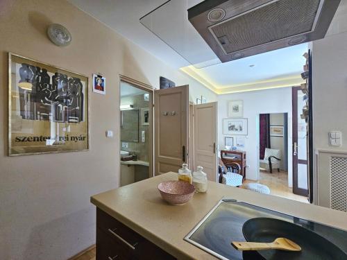 a kitchen with a sink and a living room at Art Styles Boutique Apartment Szentendre in Szentendre