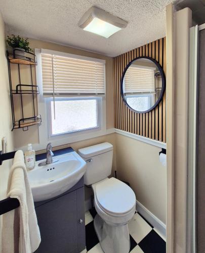 a bathroom with a toilet and a sink and a mirror at Parkview Boho Cottage 3 - Maple Meadows in Leamington