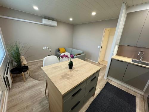 a room with a kitchen and a living room at Convenient Apartment for 2 in Kotka