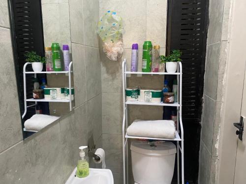 ein Badezimmer mit Waschbecken, Toilette und Spiegel in der Unterkunft Tsavo Royal Suburb - blossom homes in Nairobi