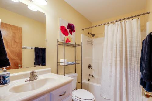 a bathroom with a sink and a toilet and a shower at Dock, Views and Fire Pit Retreat on Lake Norman in Webbs