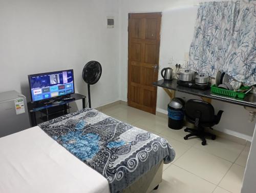 een kamer met een bed en een bureau met een televisie bij The trout Lodge in Kaapstad