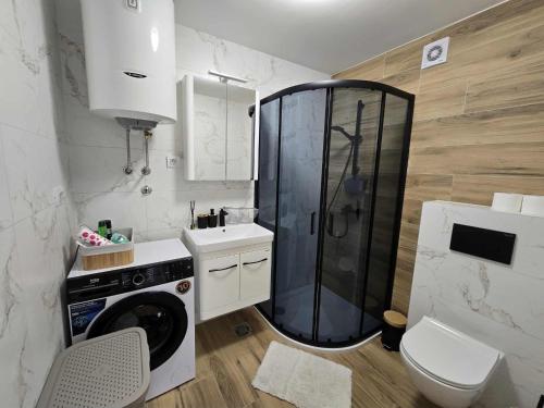 een badkamer met douche en wasmachine bij Stan na dan Platinum in Zrenjanin
