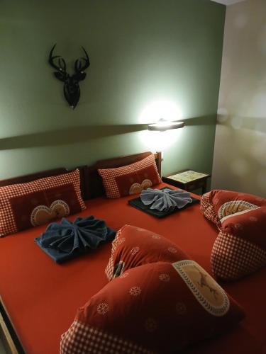 a bedroom with two beds with red pillows at Allgäunest in Oberstdorf
