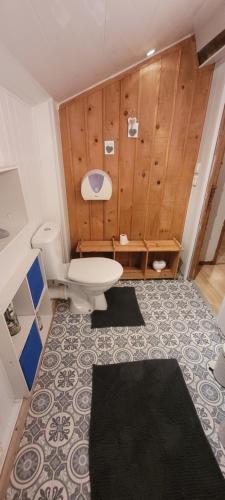 Un baño con inodoro en una habitación con paredes de madera. en Maison idéal court séjour, en Damblain