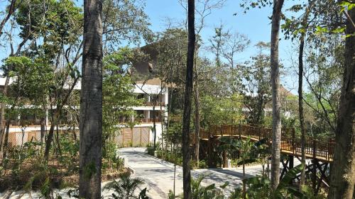 a bridge over a walkway in the woods at Hotel Mundo Maya Palenque in Palenque