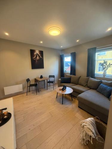 a living room with a couch and a table at Notodden Sentrum Apartment NO 4 in Notodden
