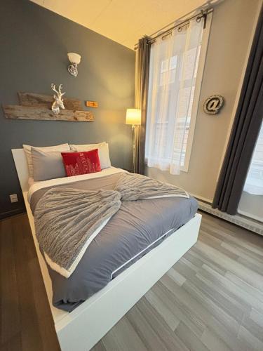 a bedroom with a bed with red pillows and a window at Urban Loft, St-Joseph St in Quebec City