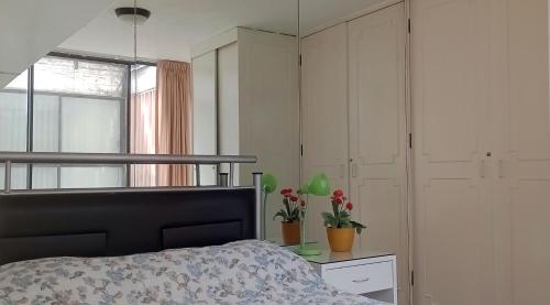 a bedroom with a bed and some plants on a table at Suite con lunas y Sol del Río Amazonas, por Reforma 222 in Mexico City
