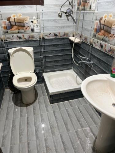 a bathroom with a toilet and a shower and a sink at A dublex villa in Ghaţāţī