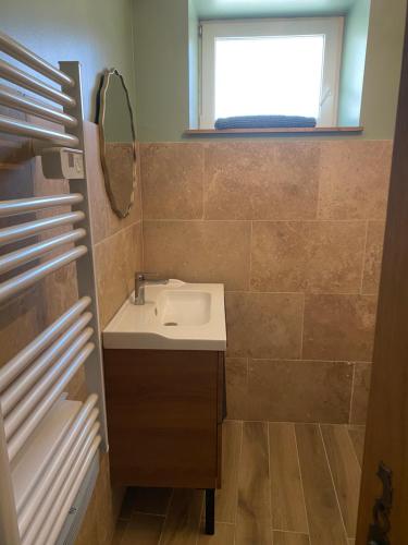 a bathroom with a sink and a mirror at Le Hameau des Lavandes in Roynac