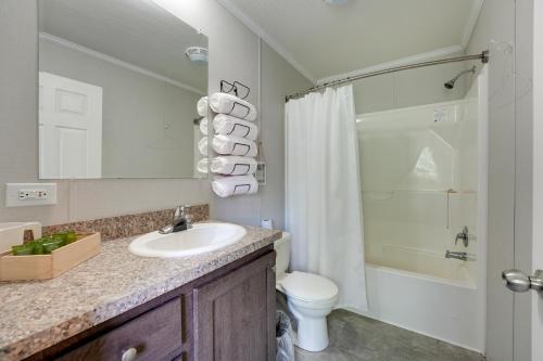 a bathroom with a sink and a toilet and a shower at Cassopolis Cabin with On-Site Fishing Pier! in Cassopolis