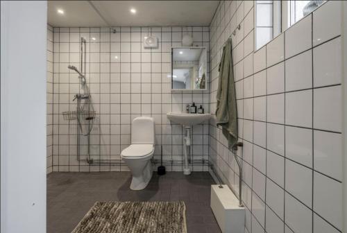 un baño con inodoro y lavabo en Visbylägenheter, en Visby