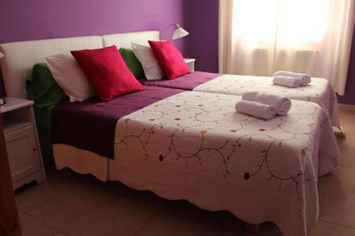 a bedroom with a large bed with red and green pillows at Allucant - Gallocanta in Gallocanta