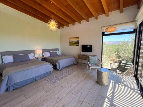 a bedroom with two beds and a tv and a window at Valle Soléa in Valle de Guadalupe