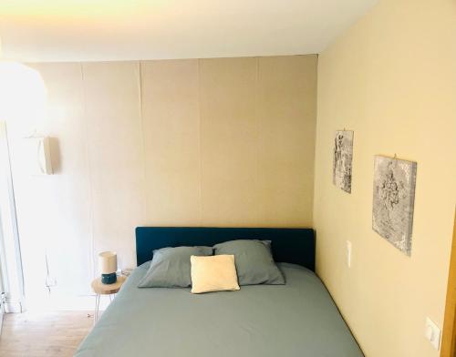 a bedroom with a bed with a pillow on it at cosy studio dans une maison d'hôte in Bourg-en-Bresse
