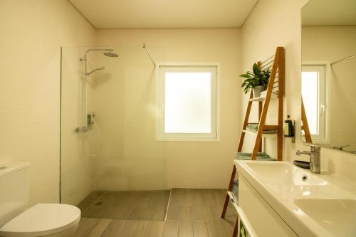 a bathroom with a shower and a toilet and a sink at Bay House in Ponta Delgada