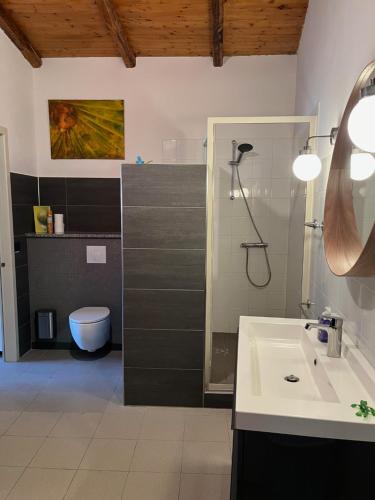a bathroom with a sink and a shower at Casa Motta Camastra, panoramahouses, prive zwembad en prachtige vergezichten in Linguaglossa