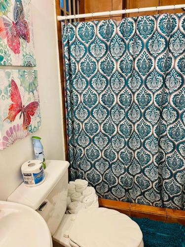 a bathroom with a toilet and a shower curtain at Trendy AP with Digital workspace ownmodem Ethernet in Tijuana