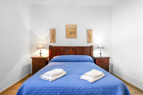 una camera da letto con un letto blu con due asciugamani sopra di Chalet Villa Ariza a Cadice