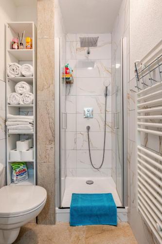 a small bathroom with a shower and a toilet at Apartment Bollenhutzauber - Modern - Zentral - Parkplatz - Top bewertet in Gutach