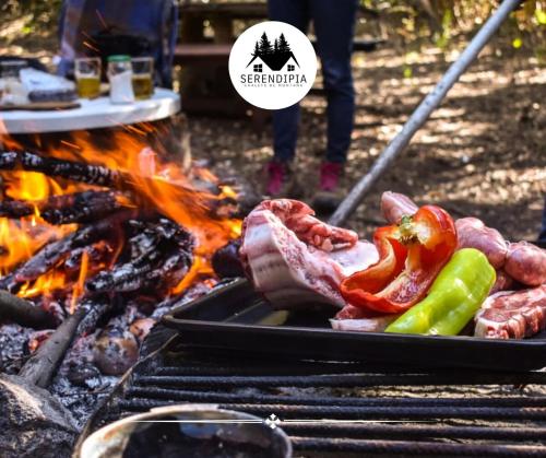 a grill with meat and vegetables on it at Serendipia Chalet 1 Naturaleza y Pileta in La Cumbre