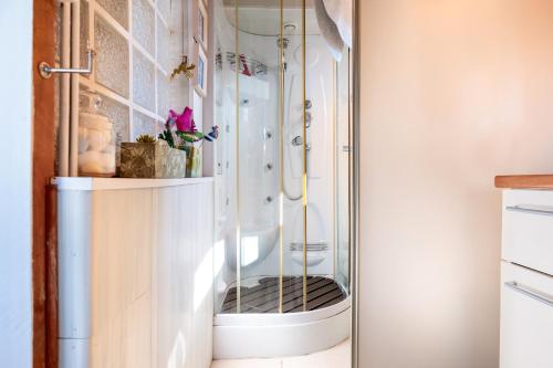 una ducha con puerta de cristal en un baño en Mobilhome rénové Sarzeau, en Sarzeau