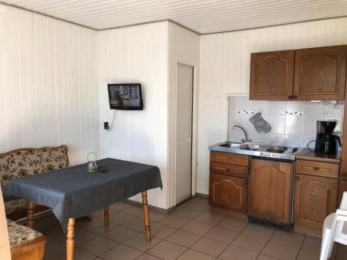 une petite cuisine avec une table et un évier dans l'établissement Bunte Ferienhaussiedlung, à Rheinsberg