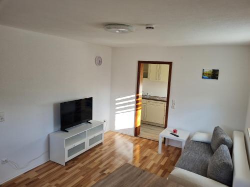 a living room with a couch and a flat screen tv at Ferienwohnung Dreher in Aulendorf