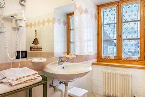 Un baño con lavabo y ventana. en Agritur Solasna, en Caldes