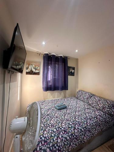 a bedroom with a bed with a fan and a television at BUDGET Small Rooms in Thamesmead