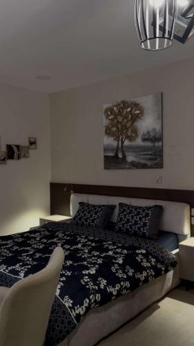 アル・フフーフにあるاستديو عزم بتصميم انيقのベッドと壁に絵が飾られた寝室