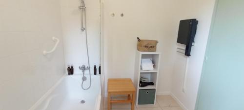 ein Bad mit einer Badewanne, einem TV und einem Waschbecken in der Unterkunft Appartement Duplex Rez Jardin in Montbrun-les-Bains