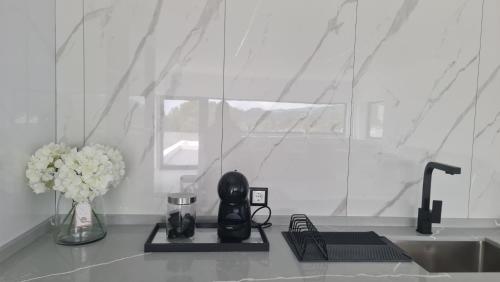 Una encimera de cocina con una cafetera y flores encima. en Bella Casa Total House, en São Francisco