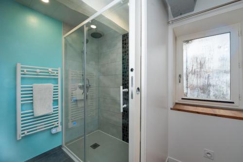 La salle de bains est pourvue d'une douche en verre et de murs bleus. dans l'établissement Petite Maison Malestroyenne, à Malestroit