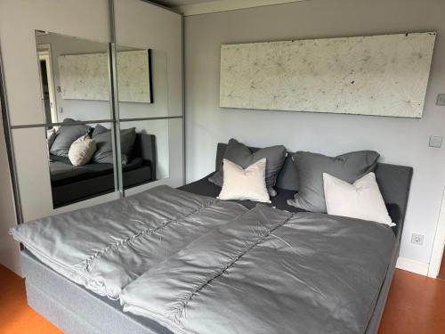 a bedroom with a large bed with pillows and a mirror at Ruhe und Living in Unterraderach