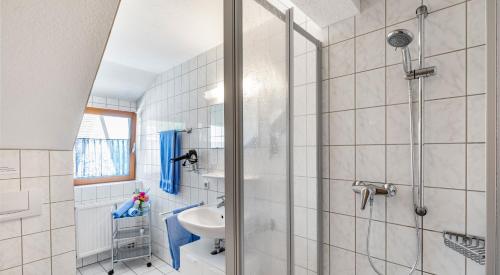 a bathroom with a shower and a sink at Ferienhof Siber in Owingen